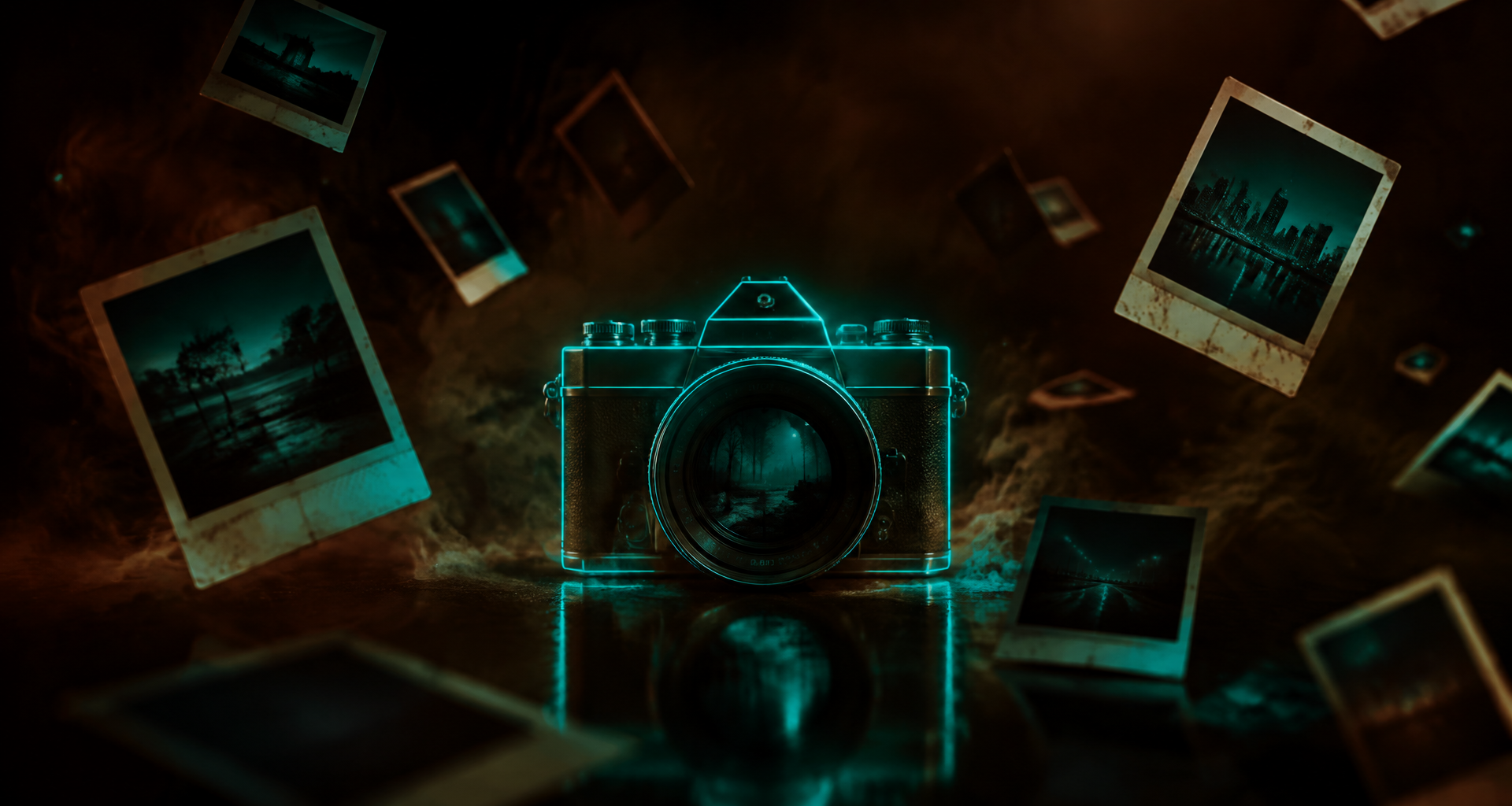 A glowing teal camera frame and scattered photo prints drifting through espresso-brown haze